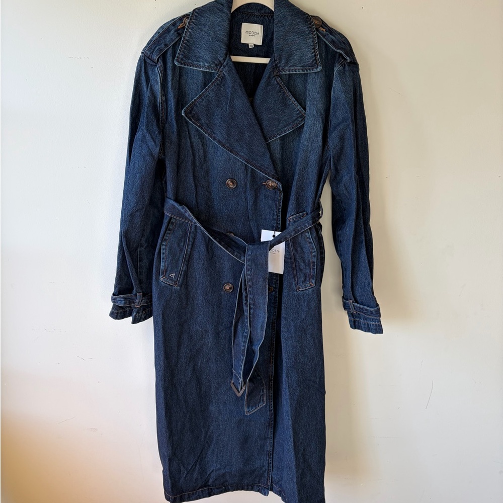 HIDDEN JEANS Devon Classic Denim Trench Coat Dark Wash Size Large - Picture 4 of 9